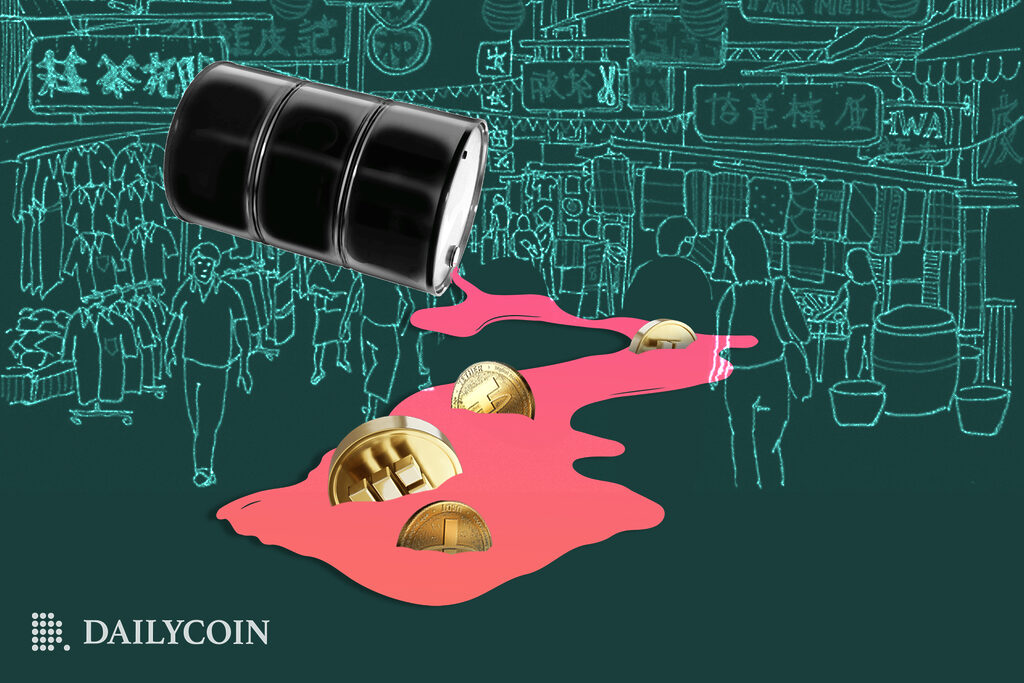 Black tank spilling pink liquid over crypto coins i front of a crowd