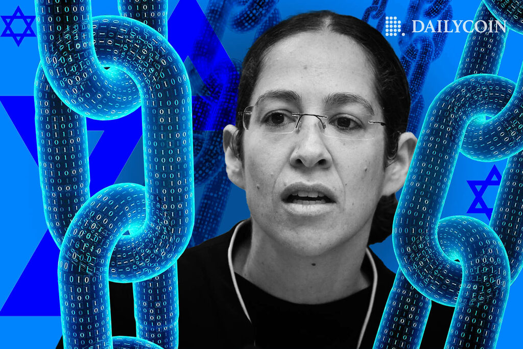Israel Chief Economist Shira Greenberg behind massive blue chains