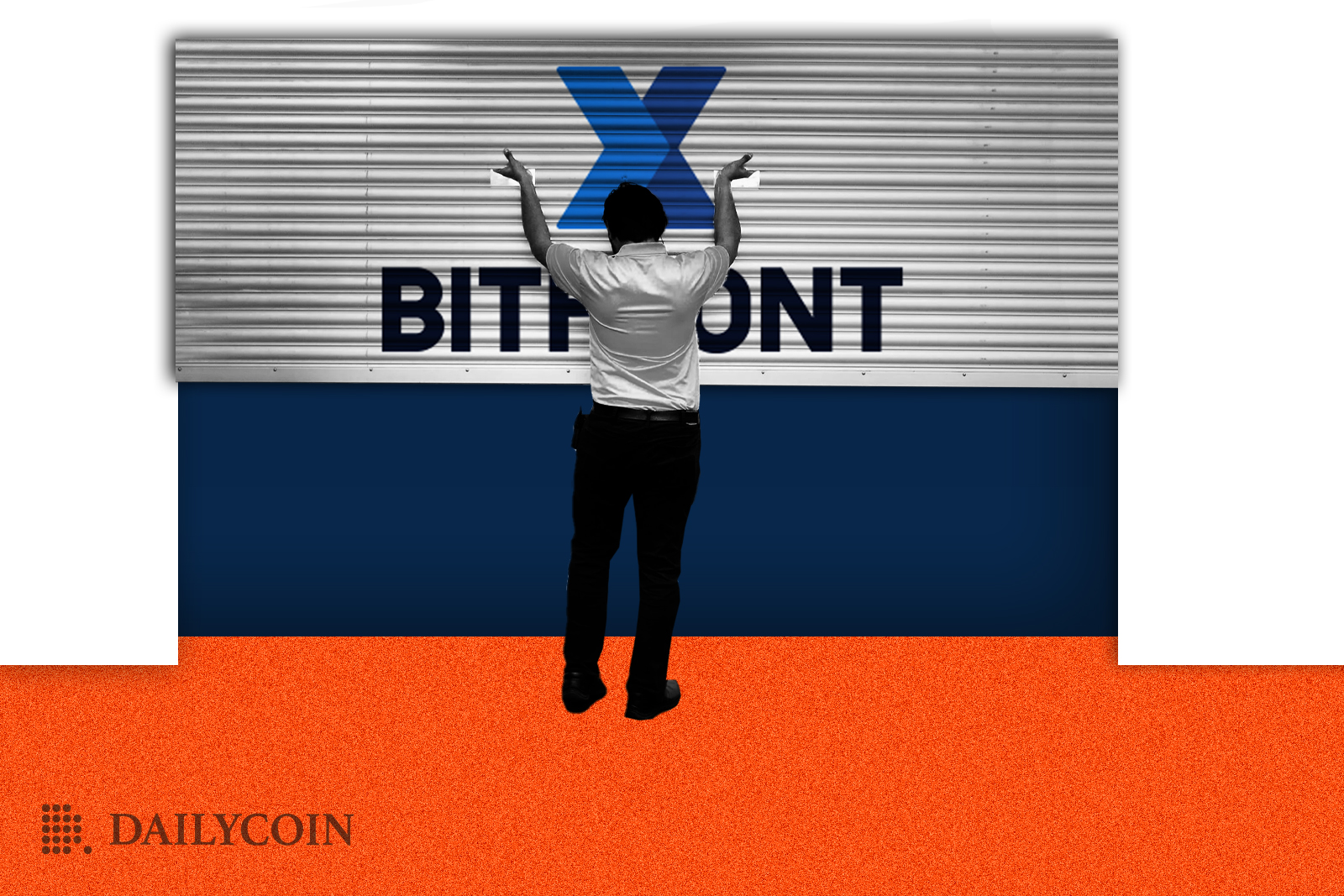 Human in front of a garage door with Bitfront logo on it