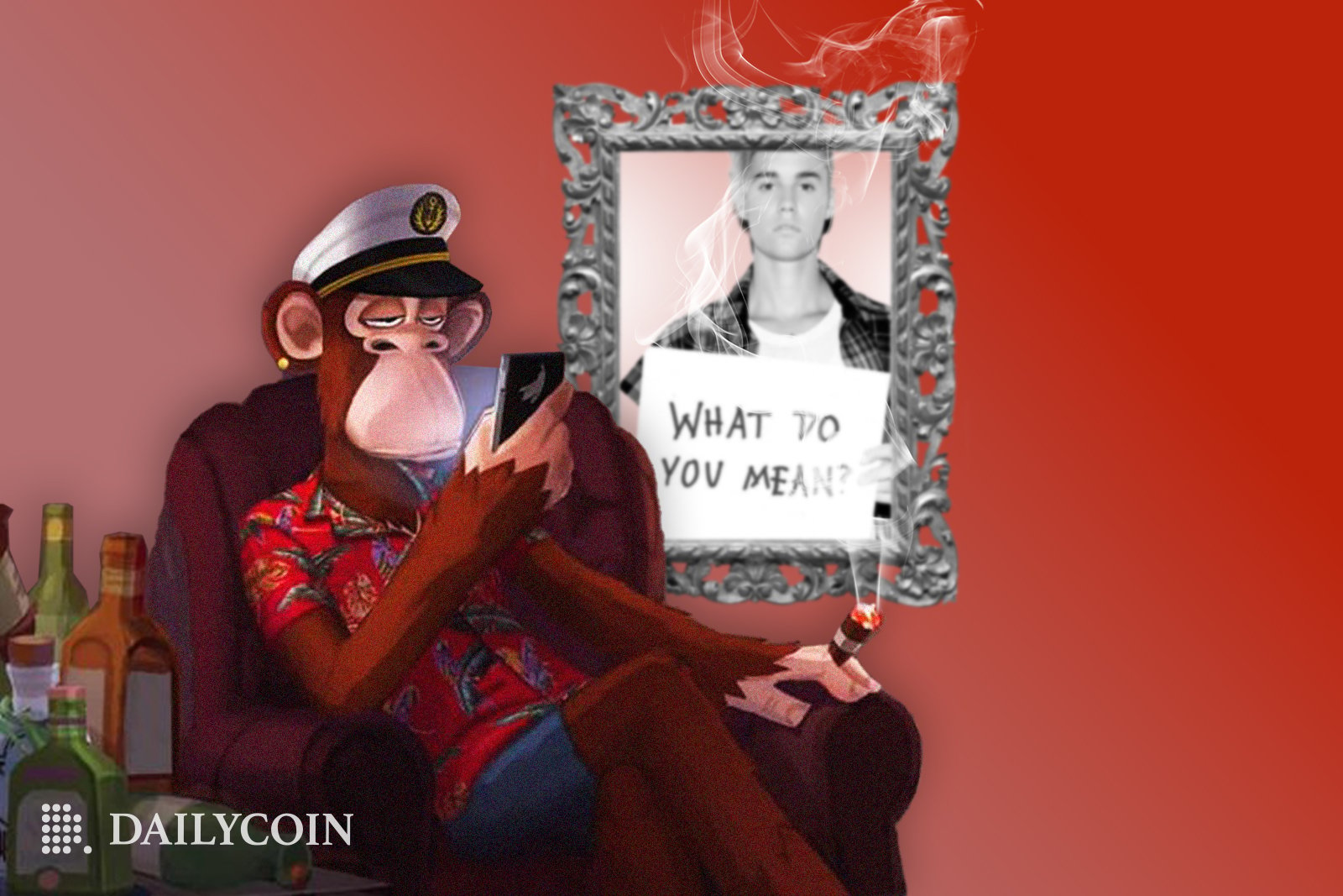 Bored Ape is sitting in an armchair and smoking a cign front of a Justin Biebear ir framed photograph