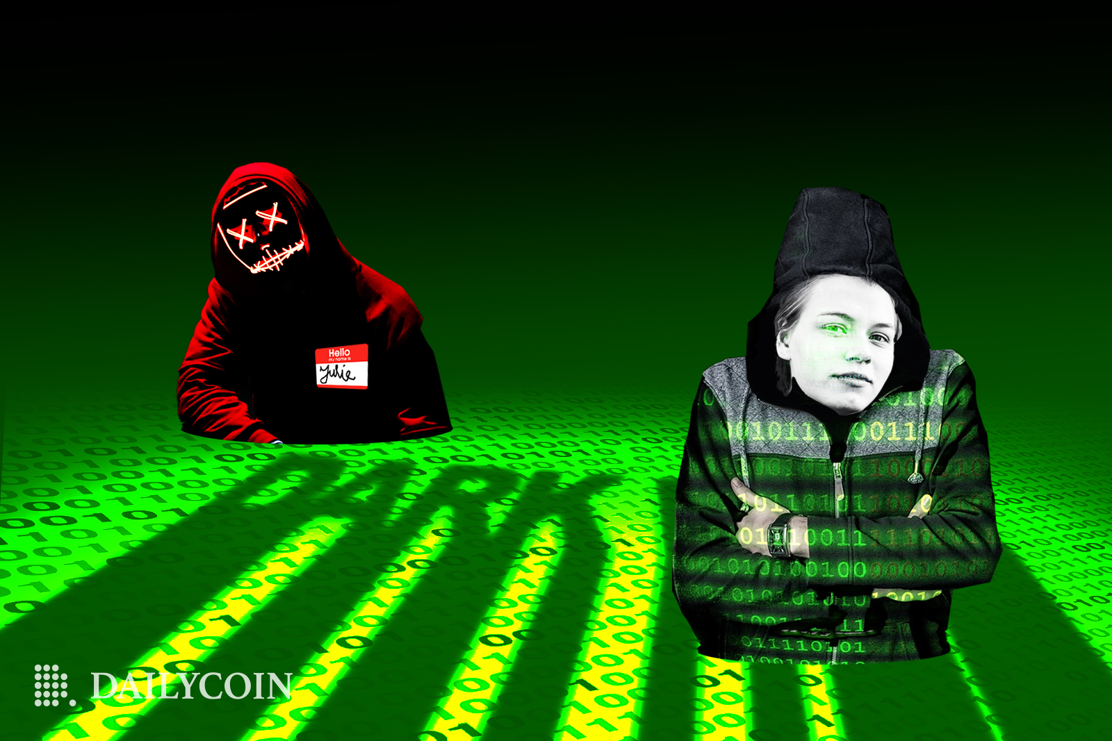 Two humans with green and red hoodies on a green background with Dark Web written on it