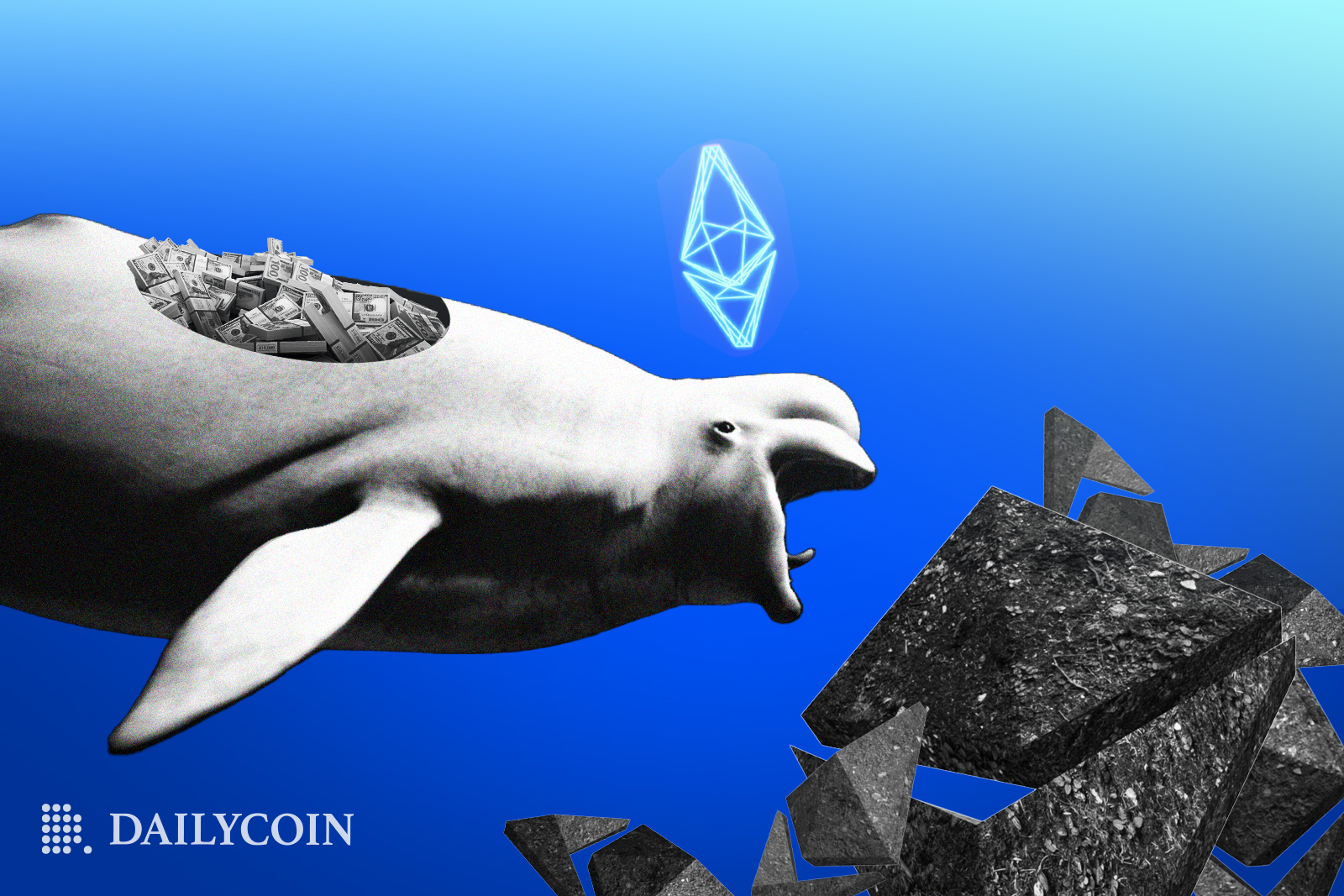 A beluga whale with belly full of cash and blue ethereum logo above head swimming towards black rubish