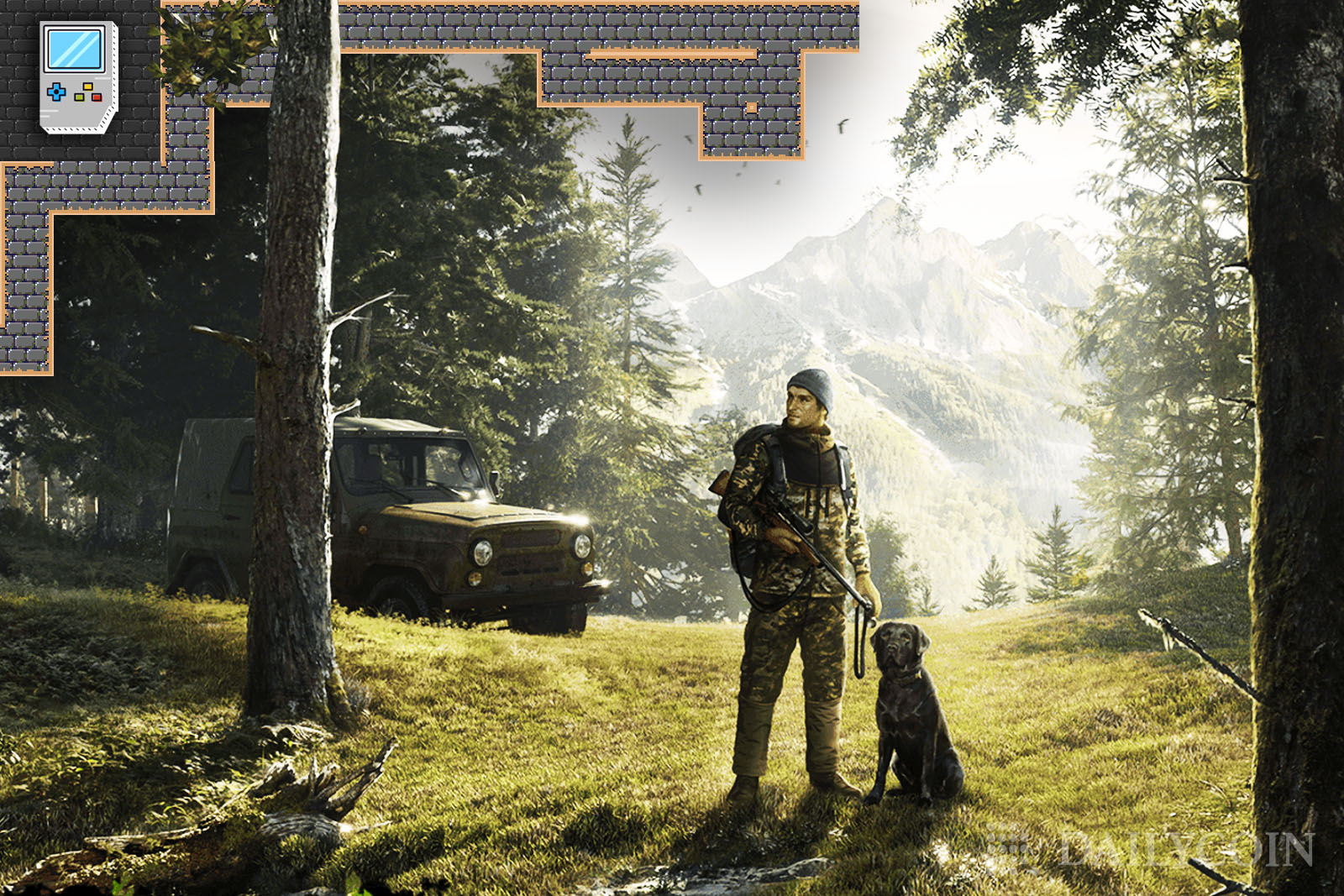 A game character and a dog are standing in a forest in front of a mountain and a car