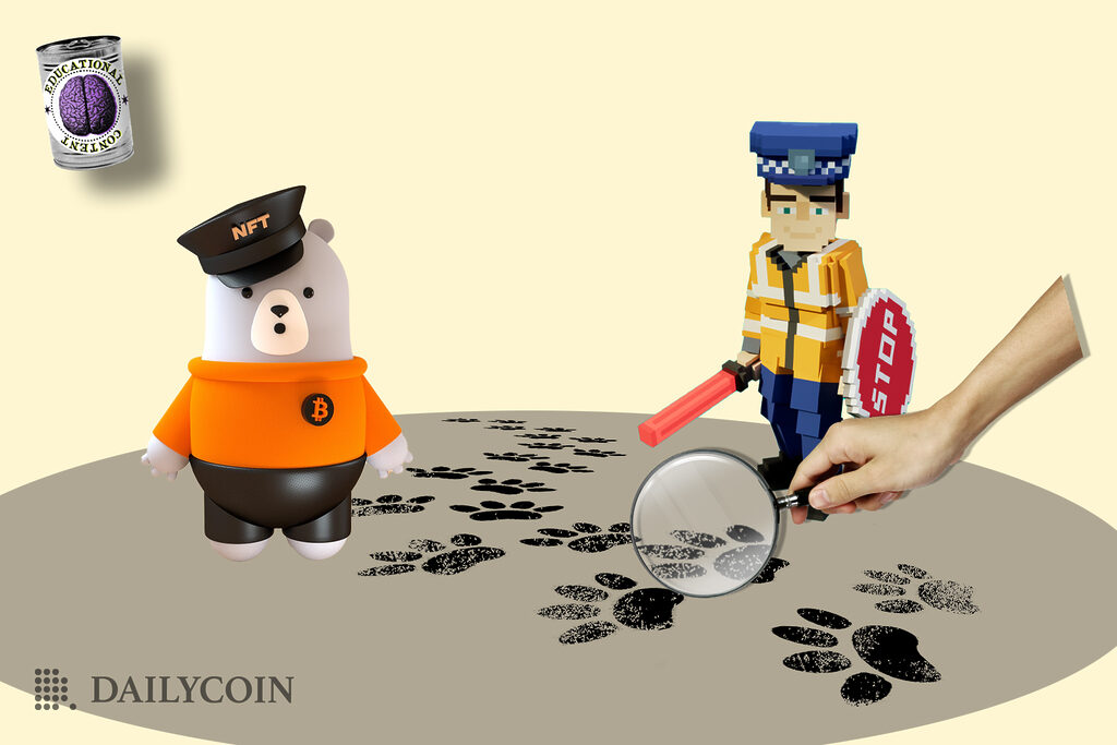A 3d cartoon bear wearing a pin with bitcoin logo on and a cartoon policeman are looking at animal footprints through a magnifying glass held by a human arm