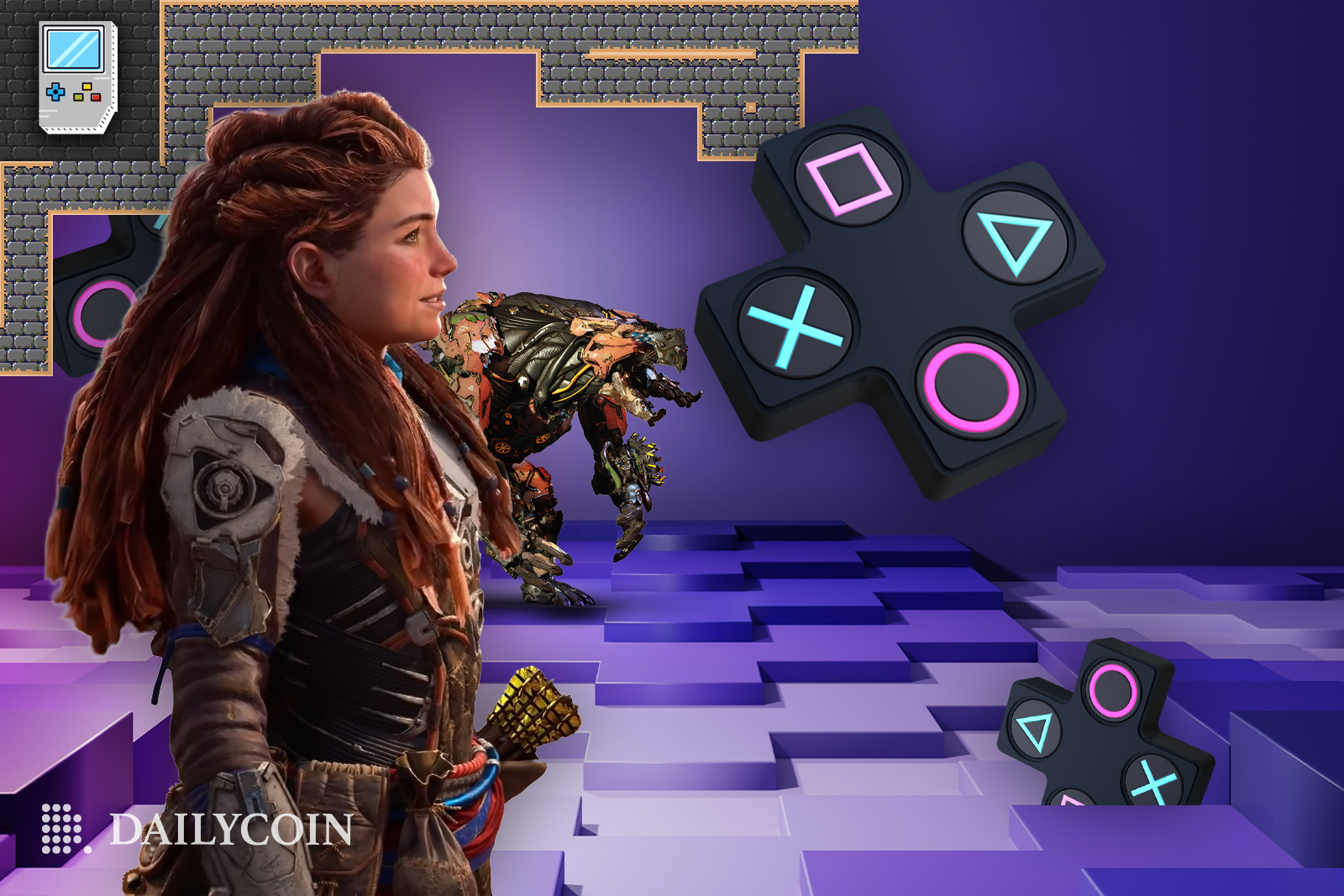 Video game Horizon character on game platform looking at controller keys