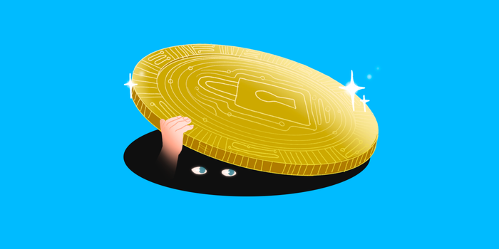 An anonymous face hiding beneath a golden token with a security inscription | Dailycoin.com