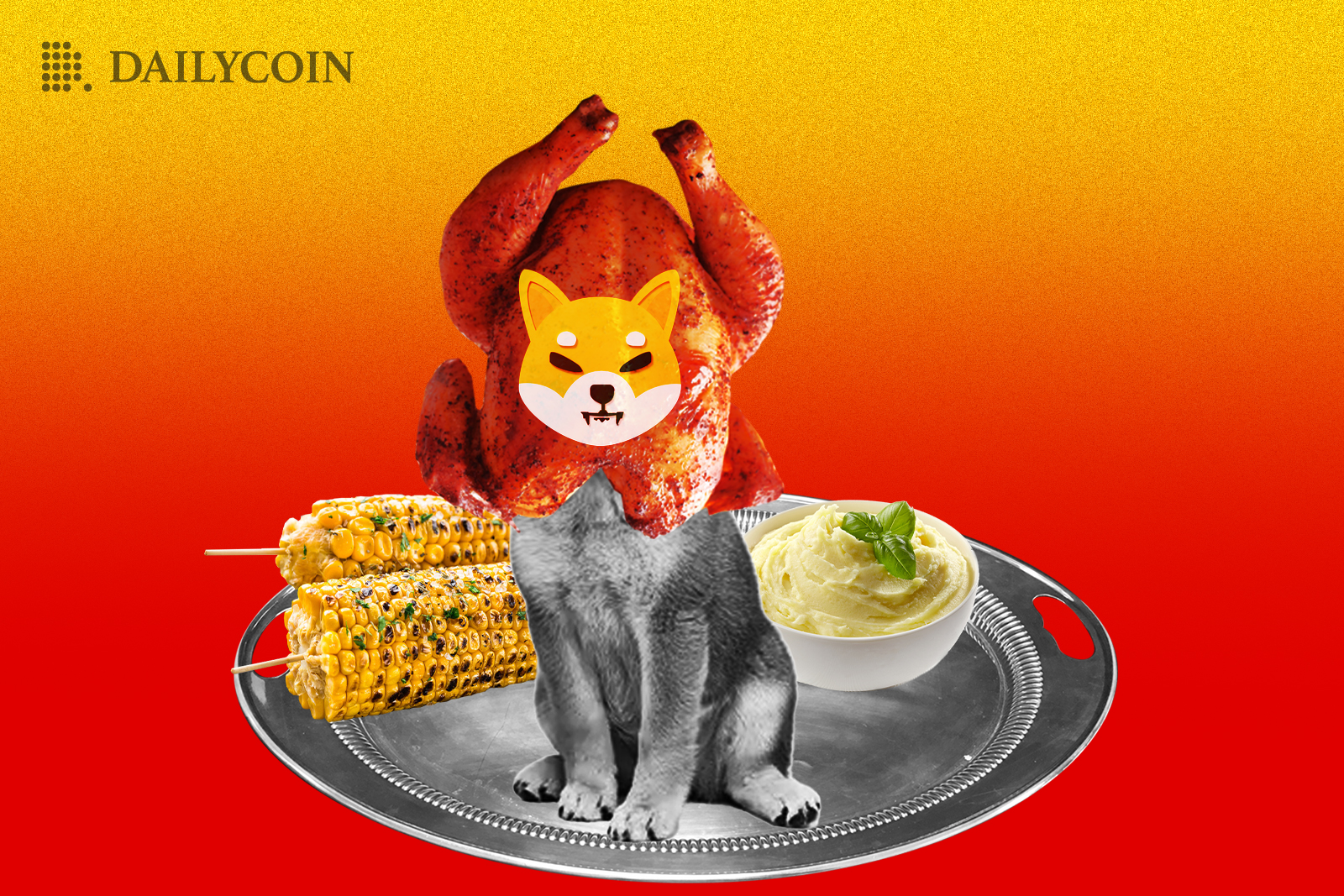 Shiba Inu with cooked chiken on head and SHIB logo on a silver plate with corn cobs and mayo sauce on the side