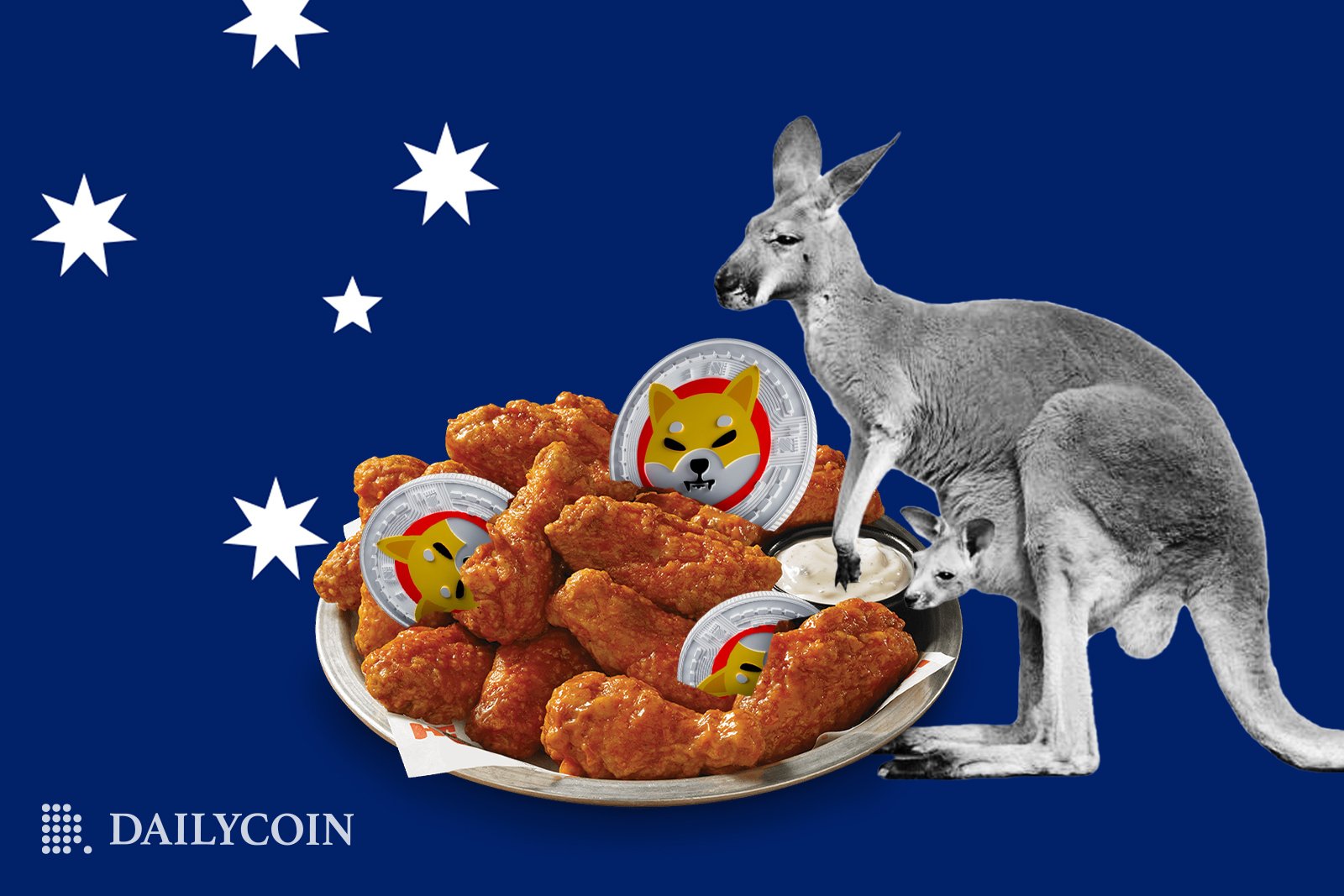 Kangaroo with a giant plate of chicken wings and Shiba Inu logo