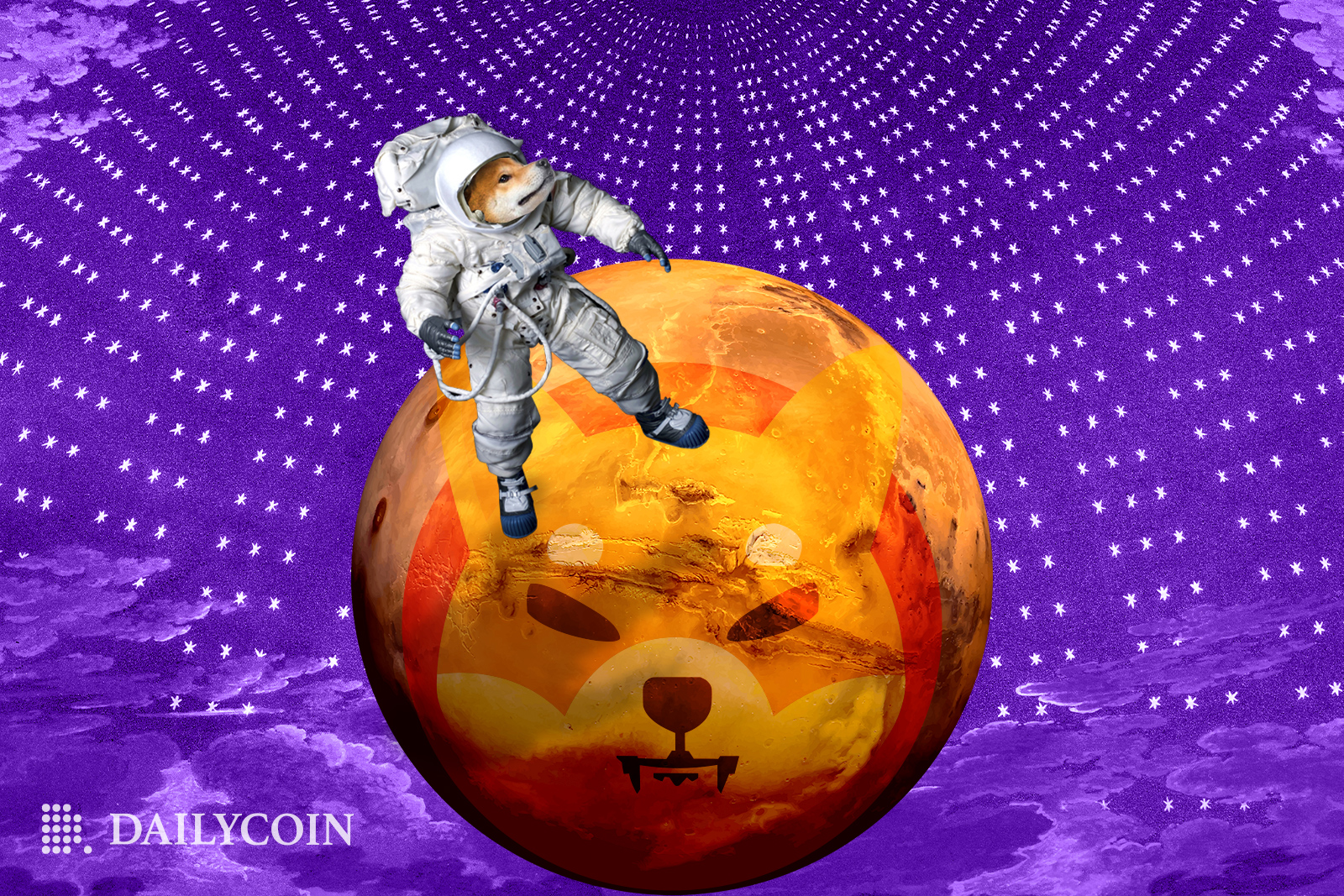 A Shiba Inu in a astronaut suit is standing on a planet with a SHIB logo