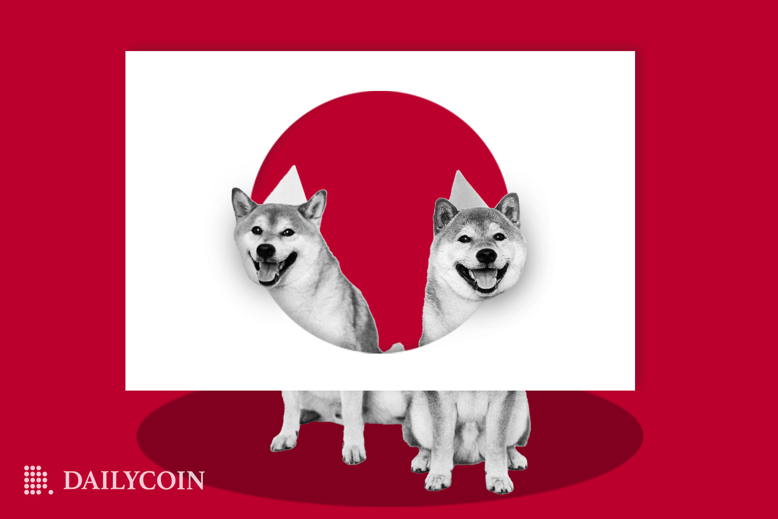 two shiba inu dogs with party hats are looking through a circle on a white board