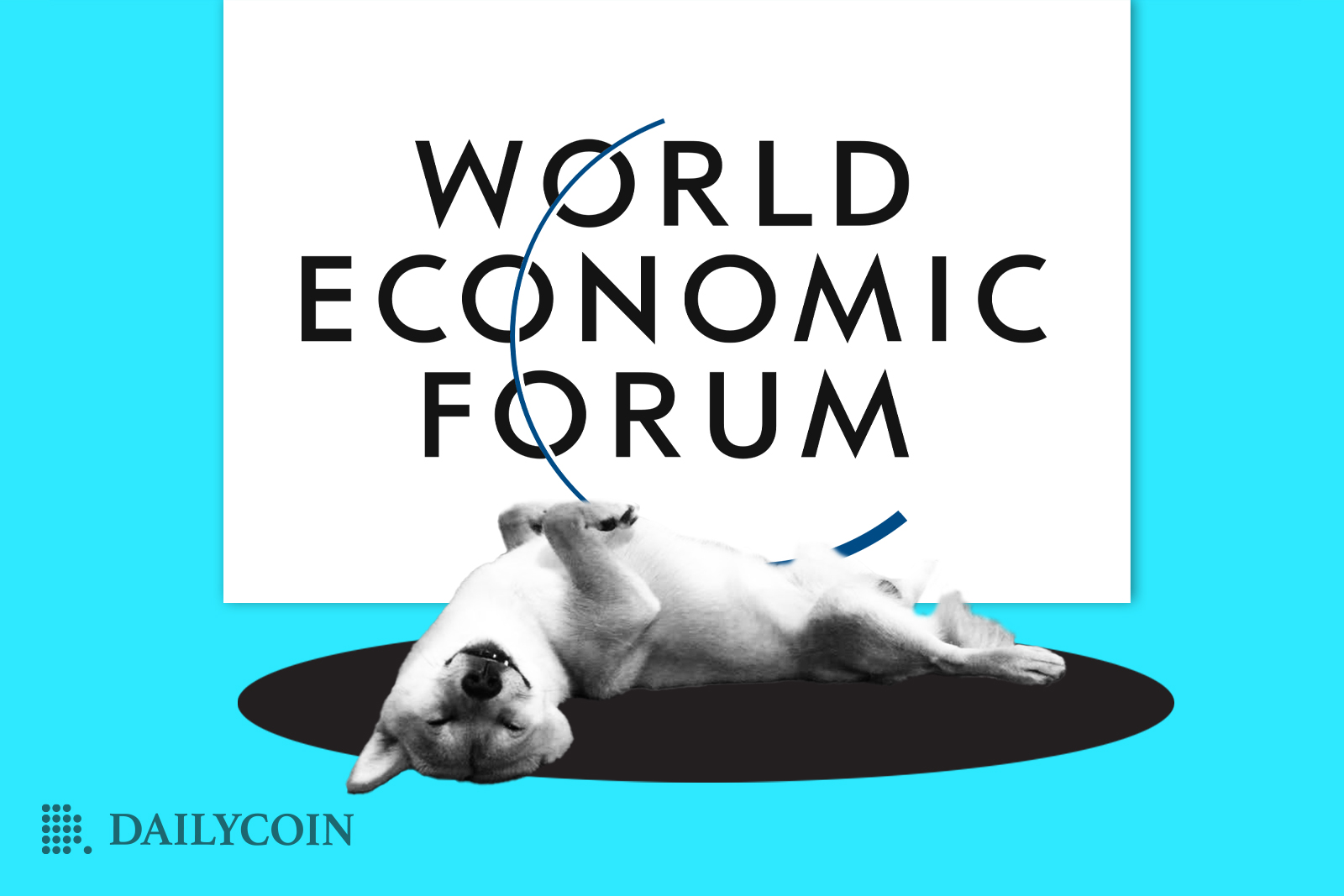 Shiba Inu laying on back in front of poster with World Economic Forum written