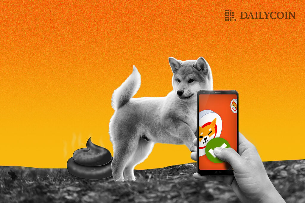 Shiba Inu and waste behind a hand holding phone with SHIB coin logo