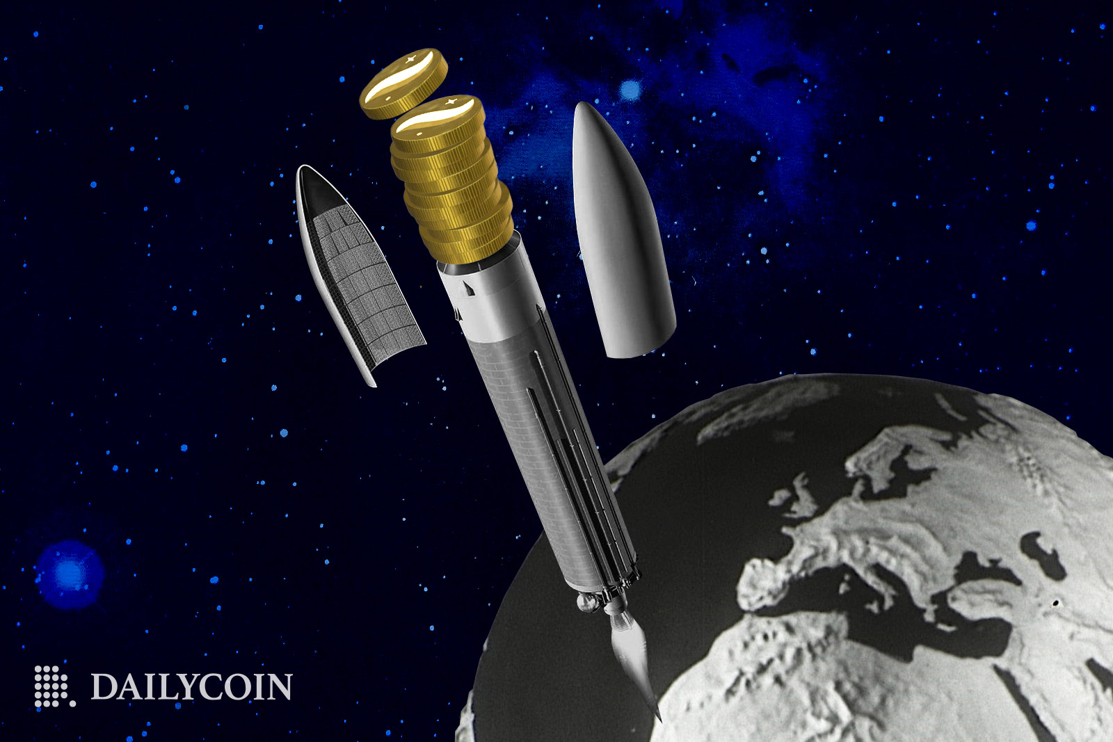 A rocket ship made of crypto coins is flying in space towards planet earth
