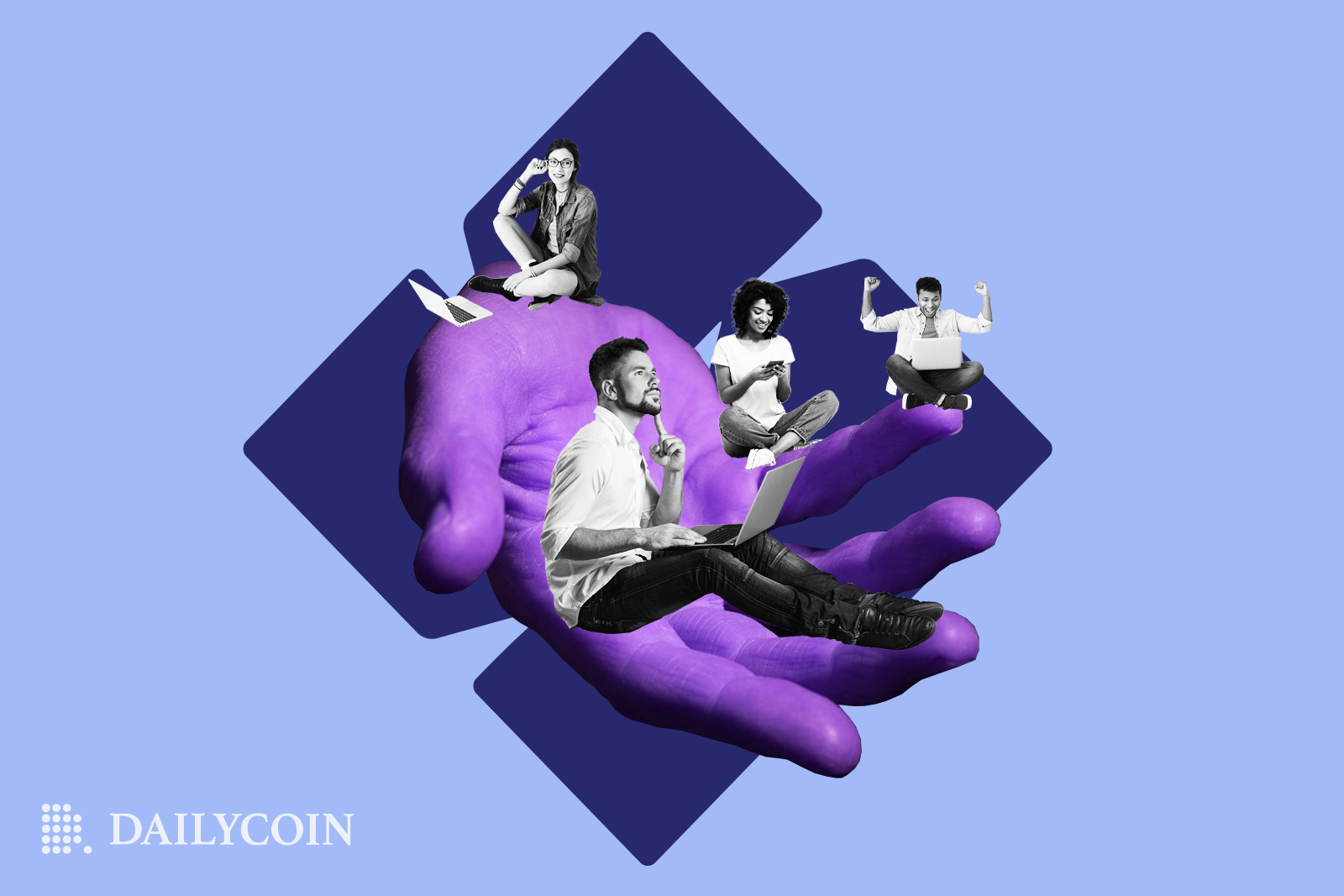 Humans sitting on a giant purple hand on a StarkWare logo
