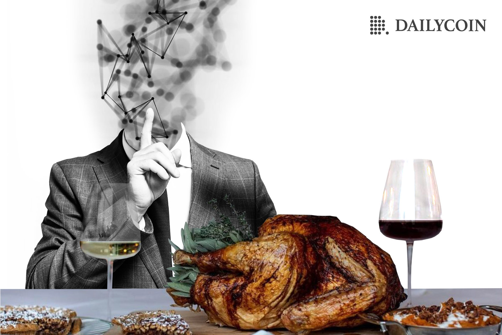 Thanksgiving diner table with turkey and wine a person is sitting with a blockchain on head