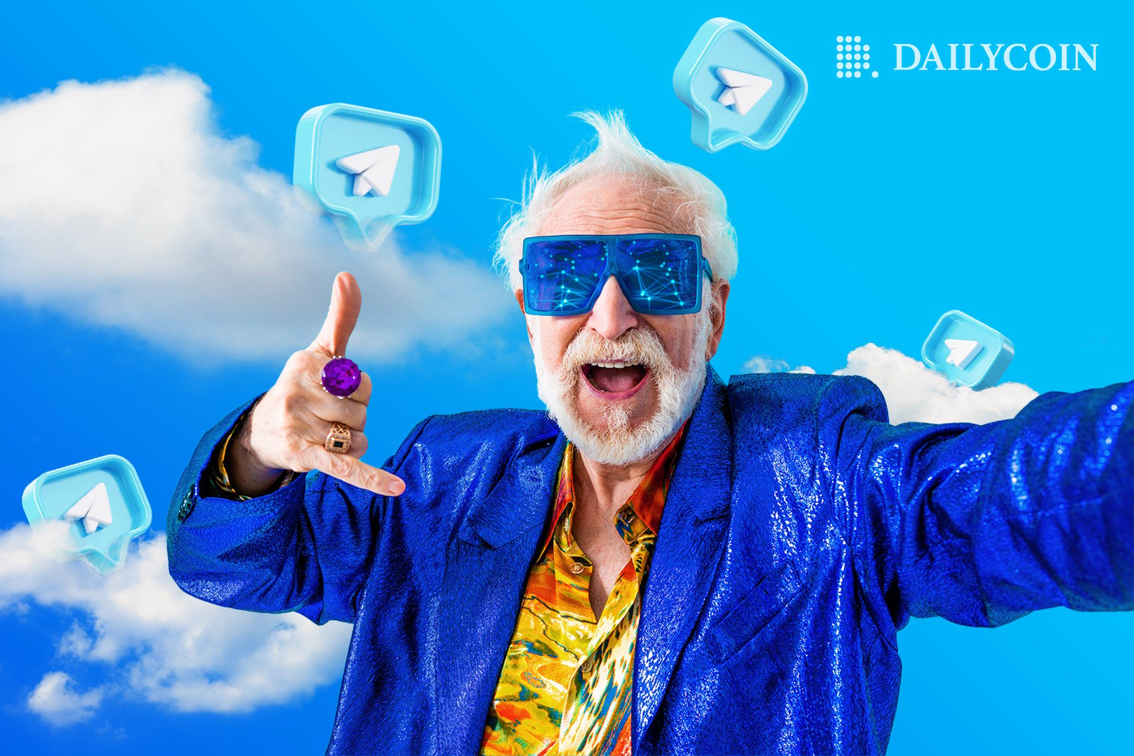 An old man with blue jacket taking a selfie in front of flying Telegram logos.