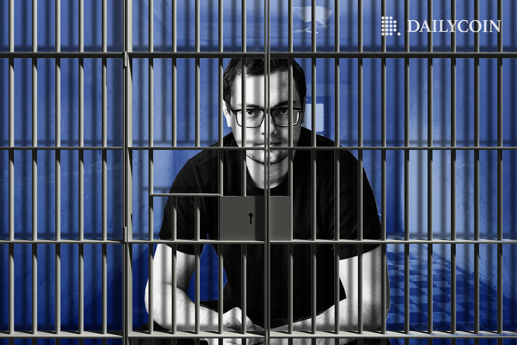 Tornado Cash developer Alexey Pertsev behind bars in a blue jail cell with checkered flooring