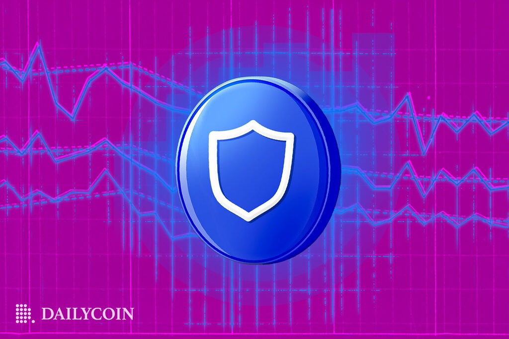 Trust Wallet Token (TWT) logo on a pink background with a blue chart.