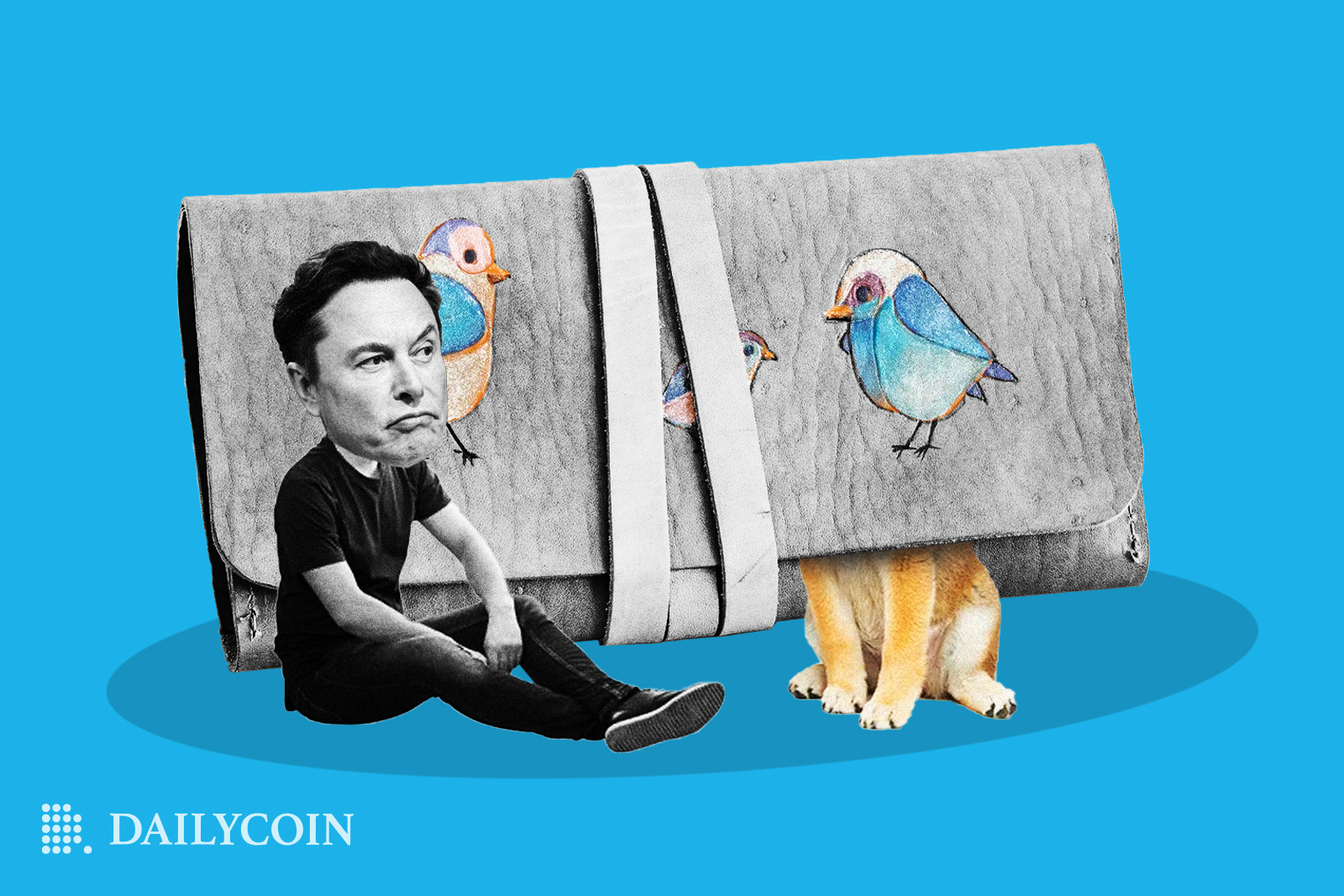 Elon Musk is sitting in front of a big wallet with blue birds on it and Shiba Inu is hiding inside the wallet