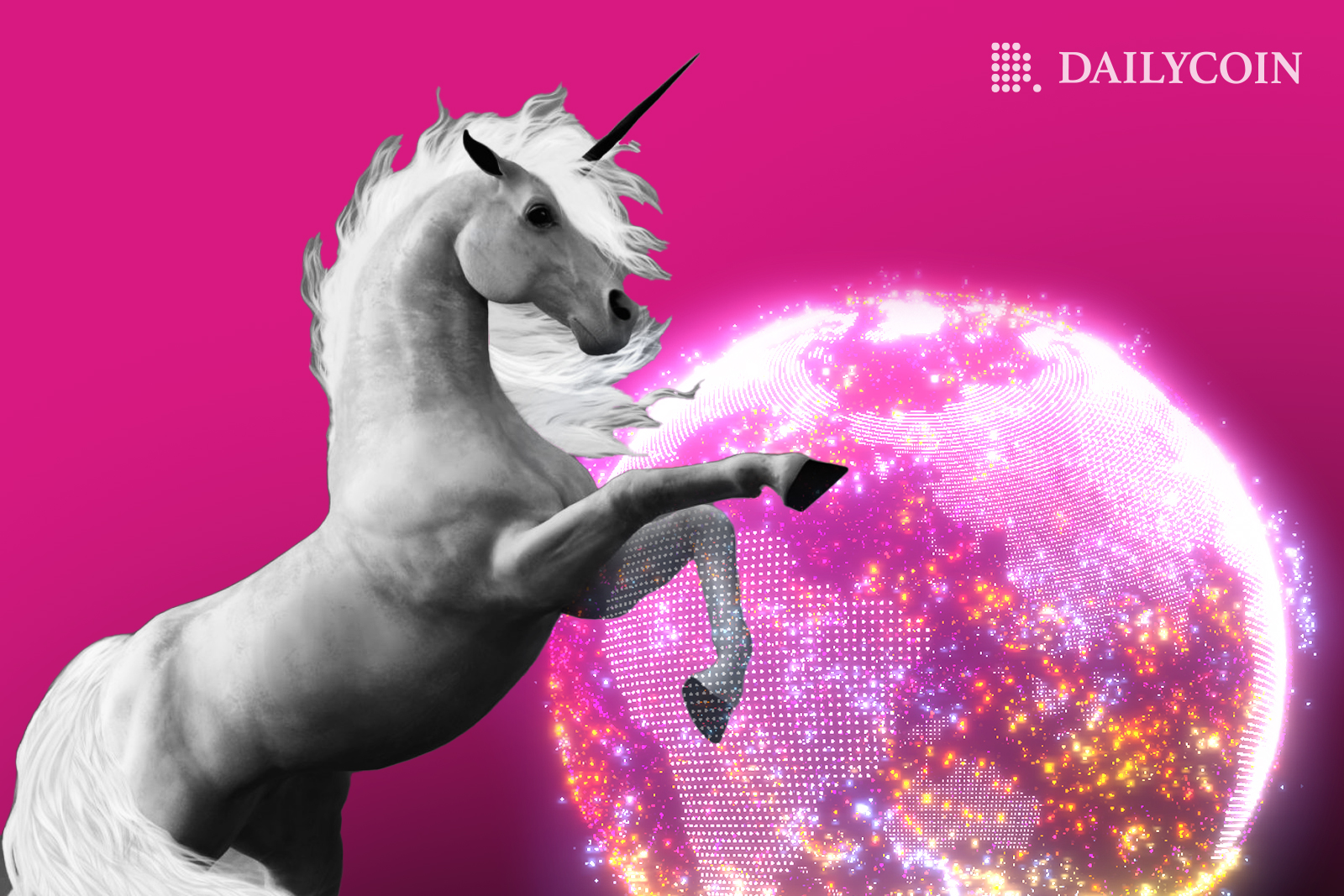 A white unicorn near a pink earth like disco ball