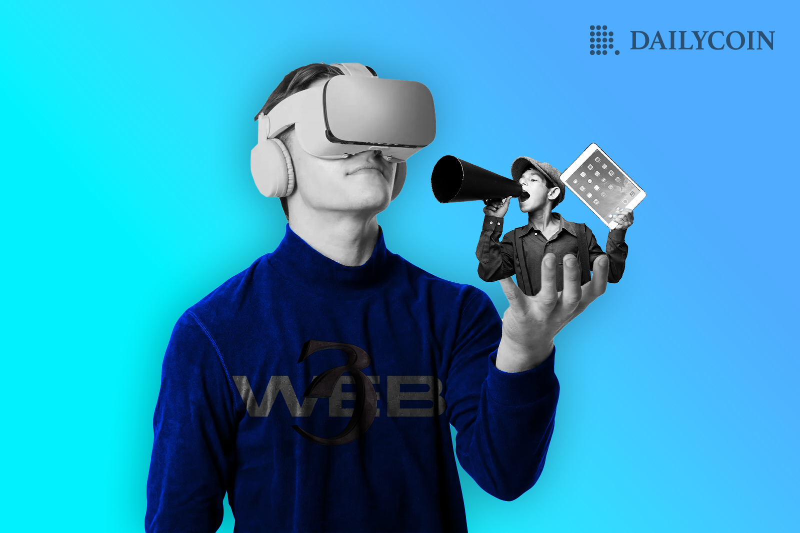 A person with VR headset and blue Tshirt with web3 written on is holding a tiny person with a huge megaphone and Apple Ipad