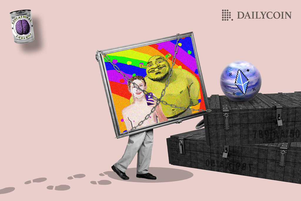 A person is holding a picture of a person and animated character Shrek in front of black boxes and sphere with Ethereum logo on it