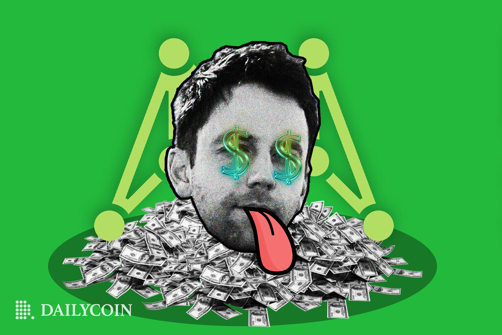 A man's head with dollar signs on eyes and a forked tongue is sitting on a pile of cash