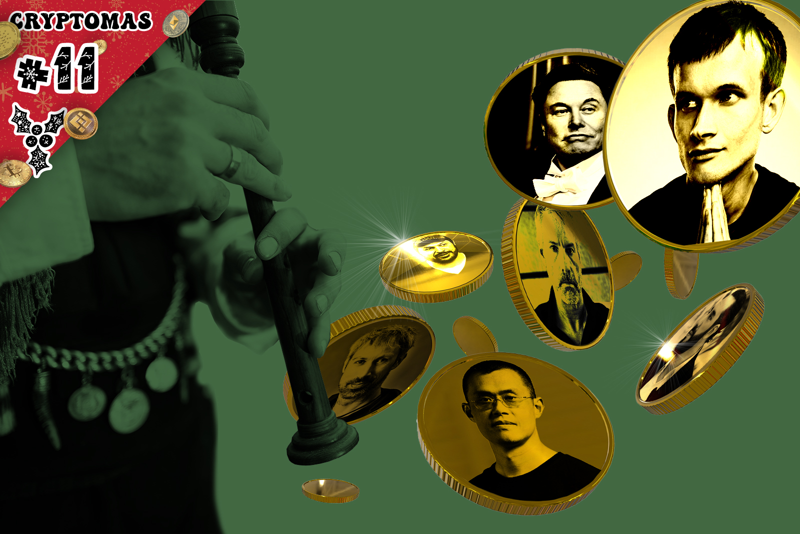 A person playing a flute next to flying crypto coins with portraits of different people on.
