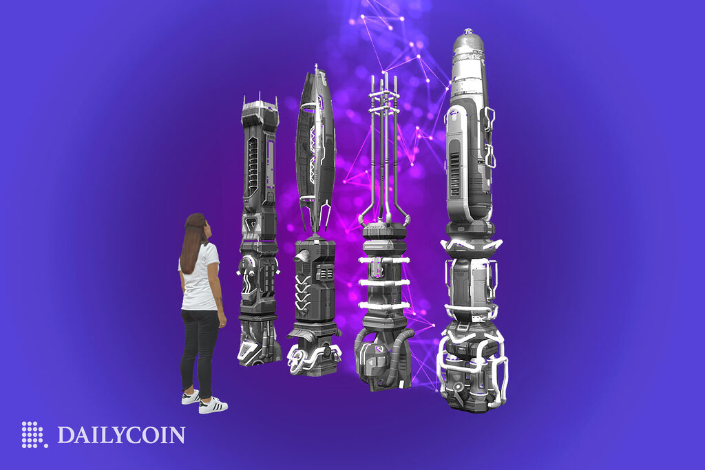 3D animated figure of a woman looking at oversized sci-fi tools.
