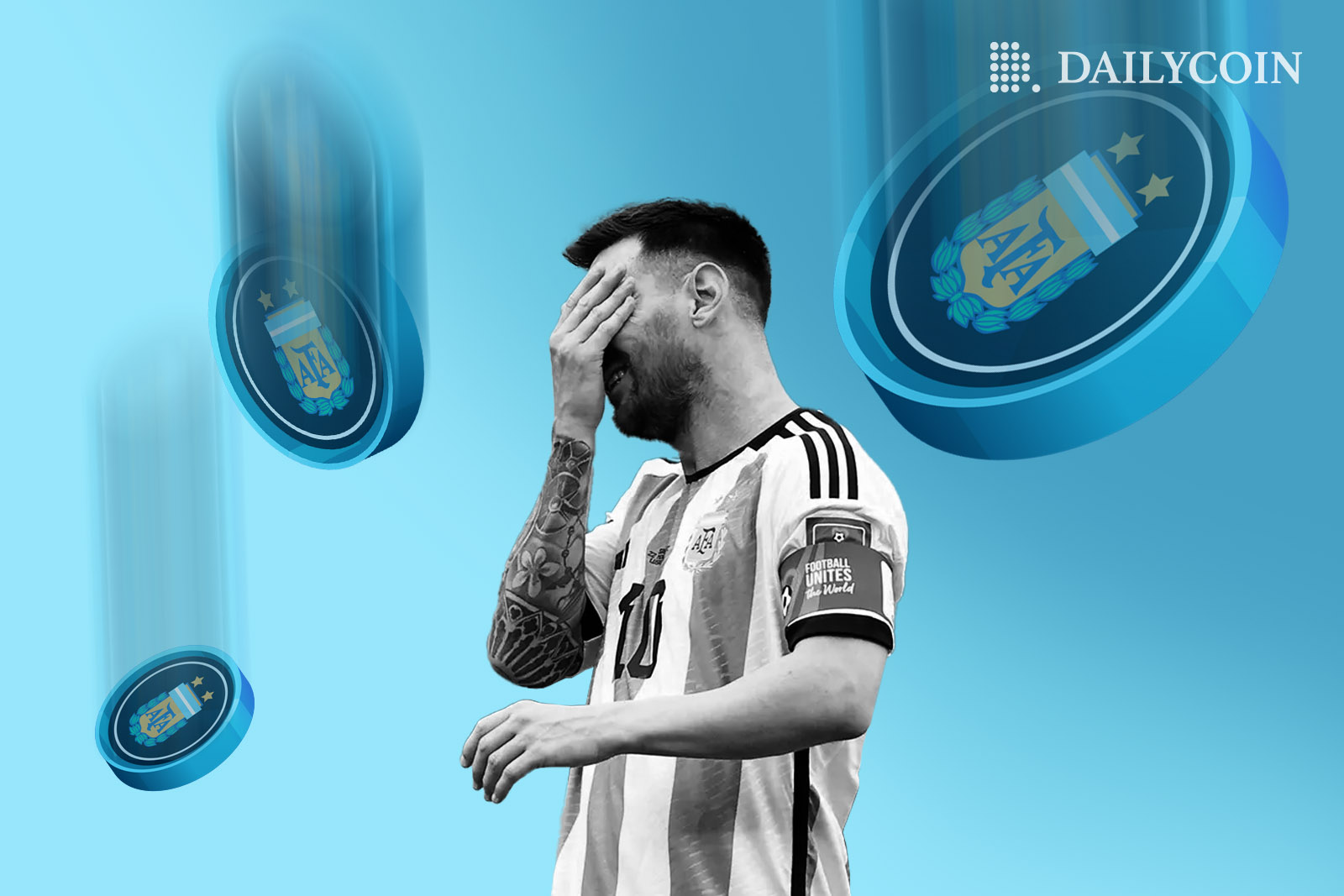 Messi sad while Argentine Soccer Fan Tokens falling from the sky