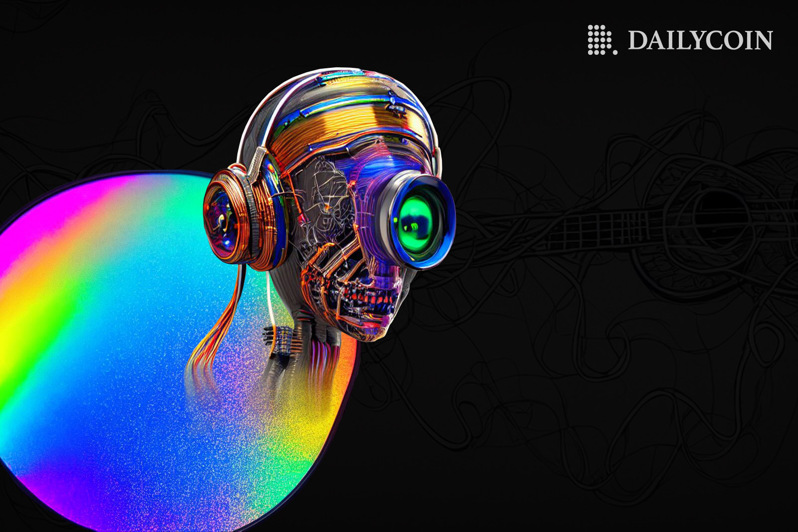 One eyed rainbow robot with headphones on.