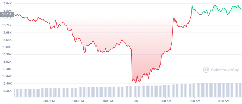 The 24 hours price chart for Bitcoin (BTC).