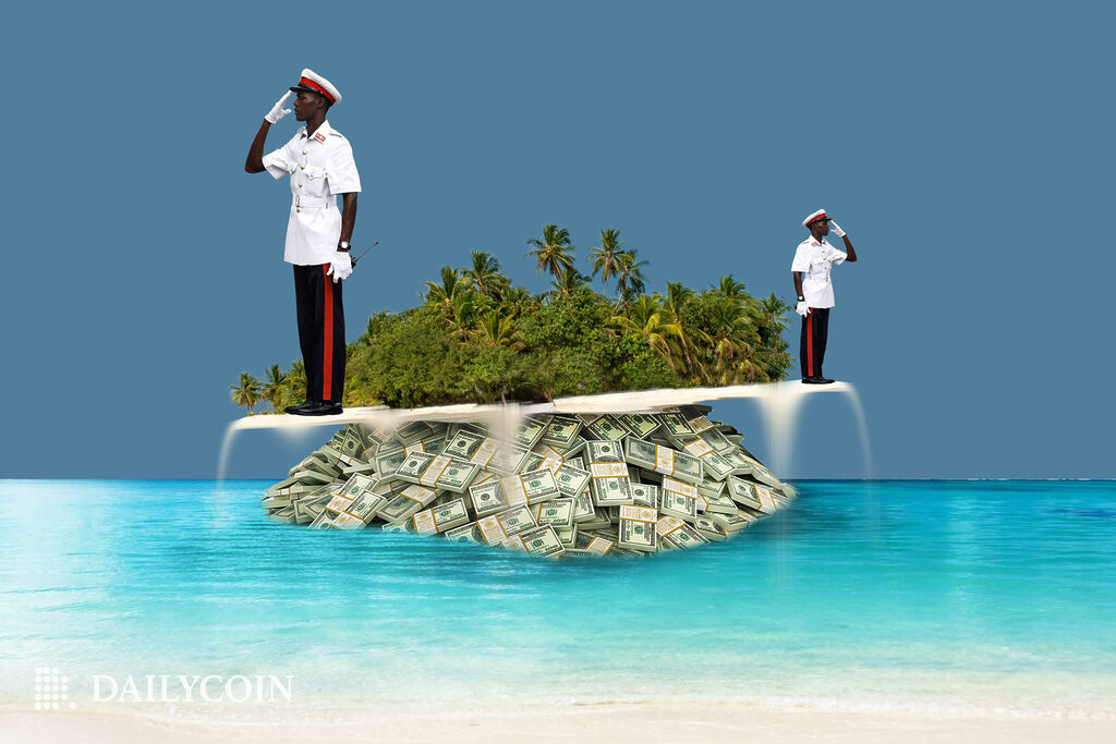 Island in Bahamas floating on a giant pile of money being protected by Bahamian police