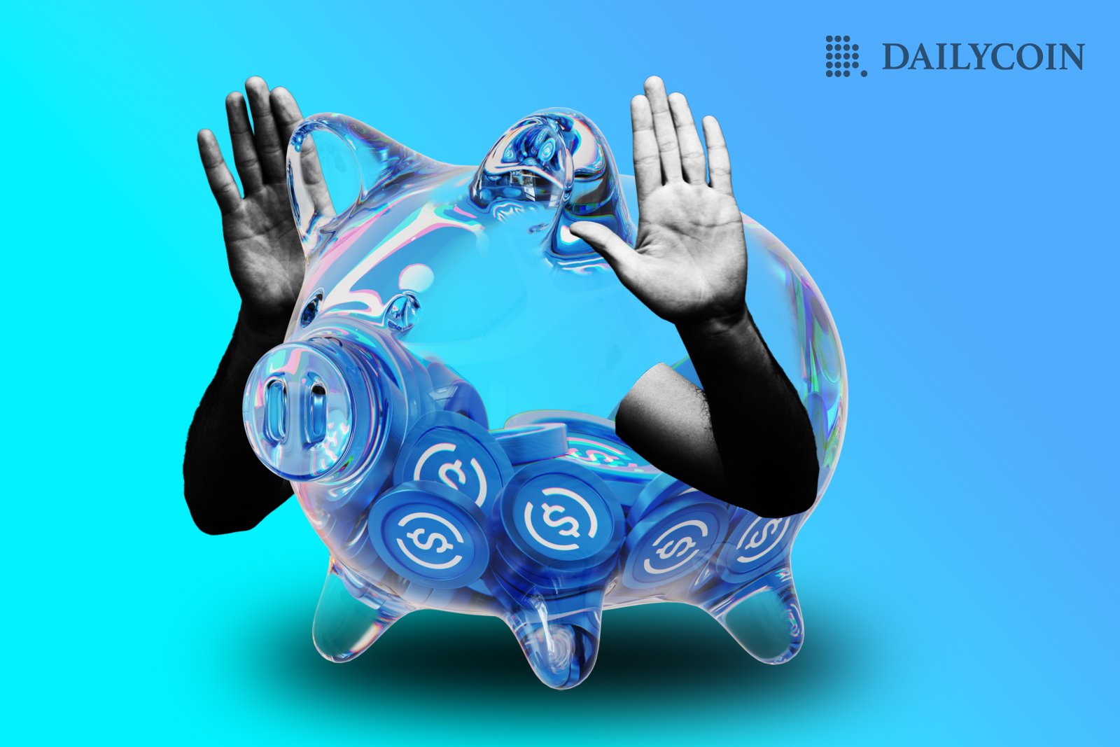 A glass piggy bank with USDC stablecoins coins inside and human arms on the side