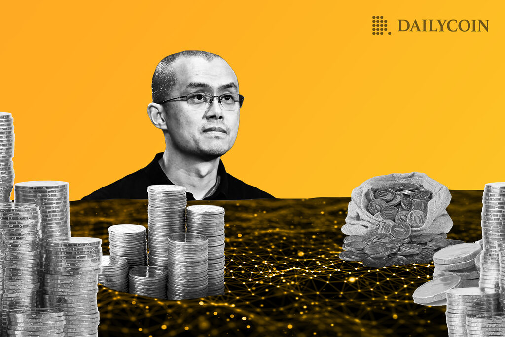 Changpeng Zhao behind blockchain network with stacks of coins on top