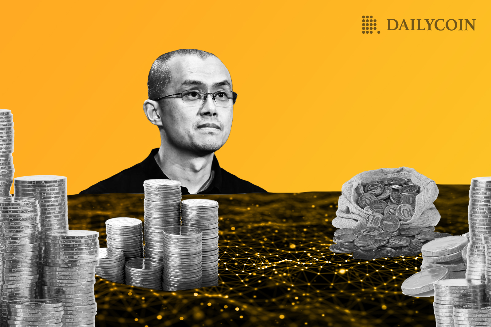 Changpeng Zhao behind blockchain network with stacks of coins on top
