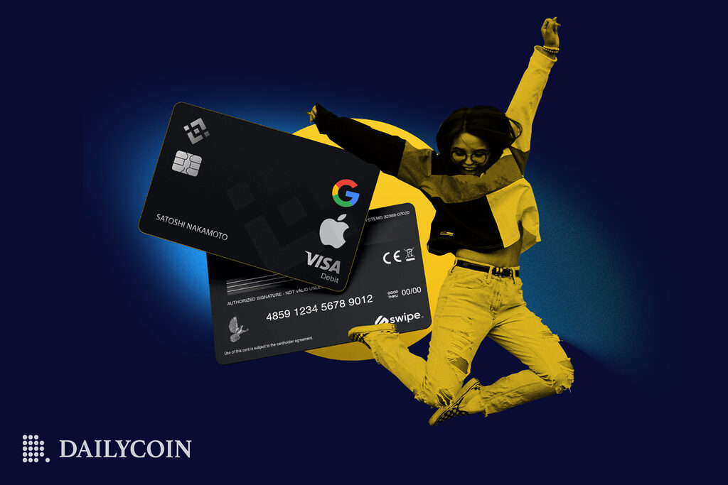A woman wearing yellow jumping next to Google Pay and Apple Pay credit cards