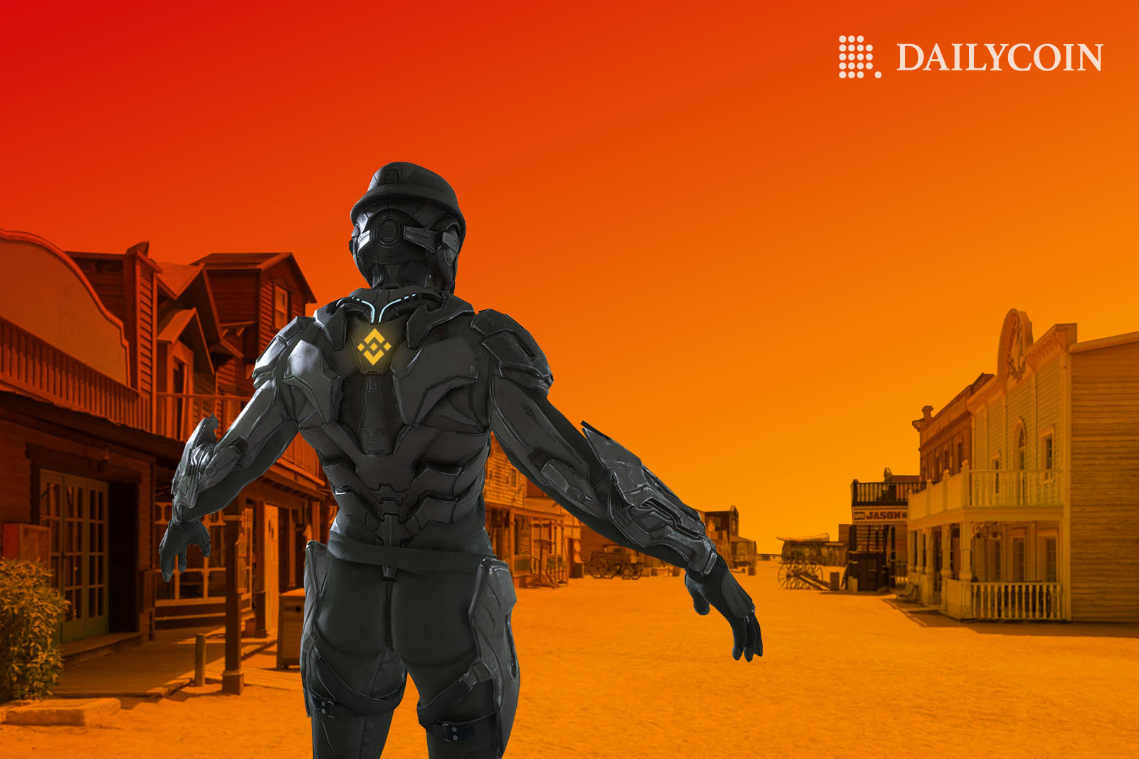 A military robot with a Binance logo on it steps into a Wild West town