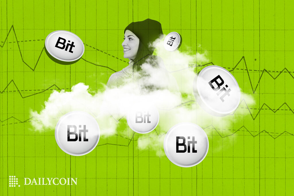 A woman behind a white cloud with Bit logo flying around on a background with chart on it