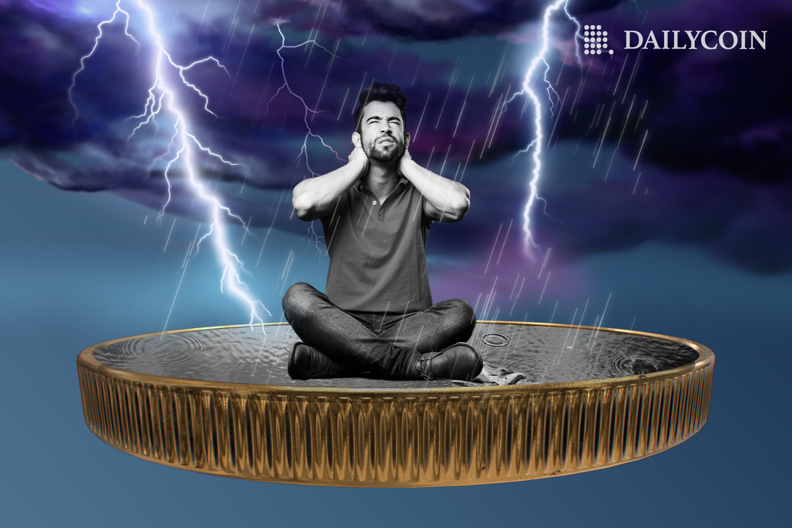 A frustrated man sitting on a giant Bitcoin BTC in rain with lightning