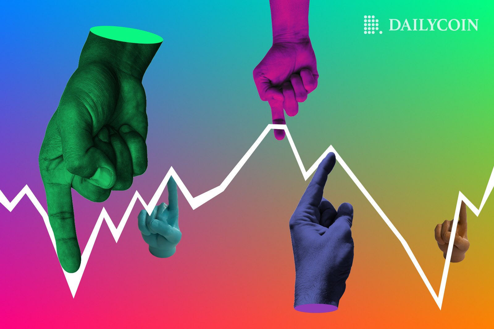 Colorful hands touching graph.