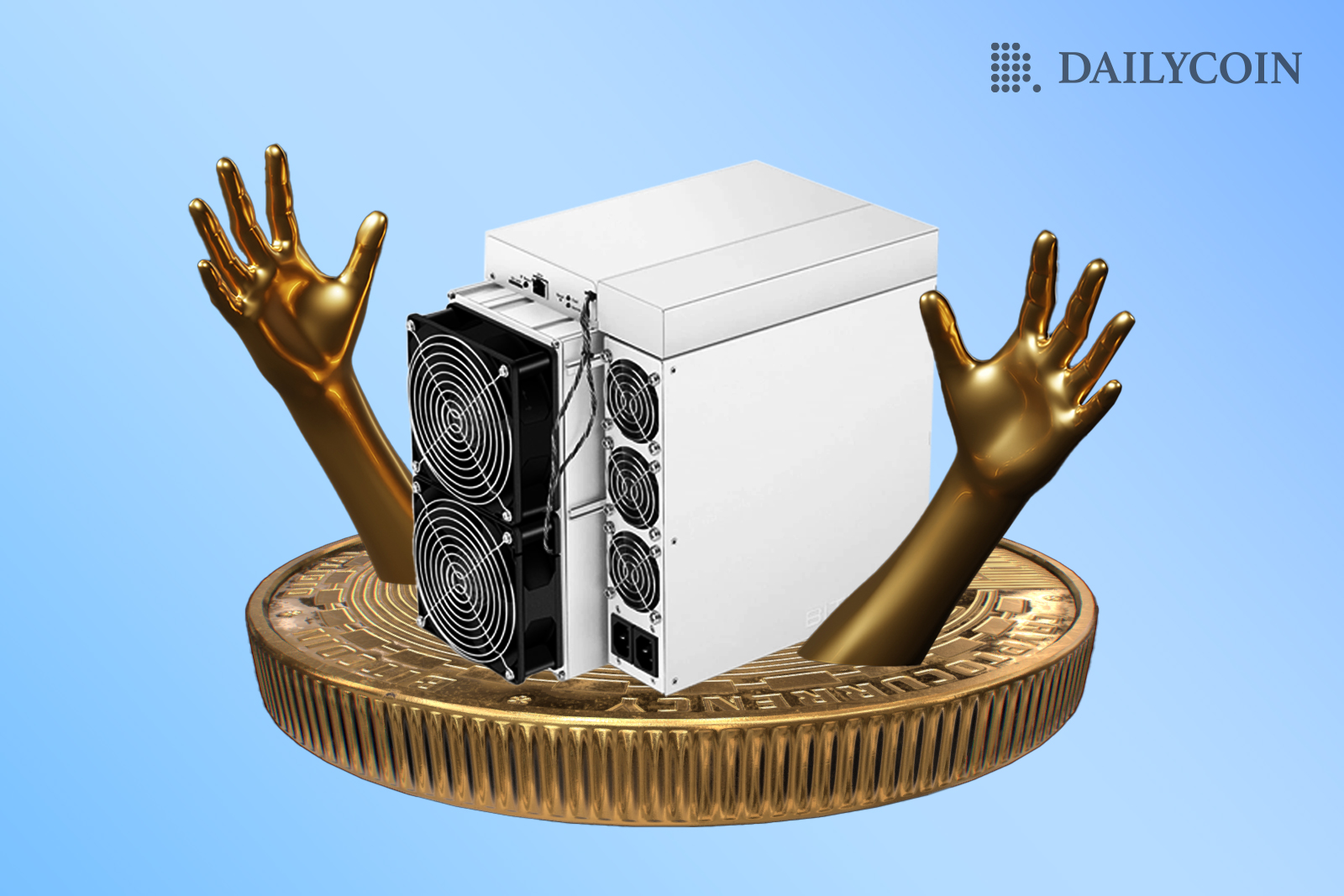 White stationary computer on top of bitcoin coin wit hands reaching out