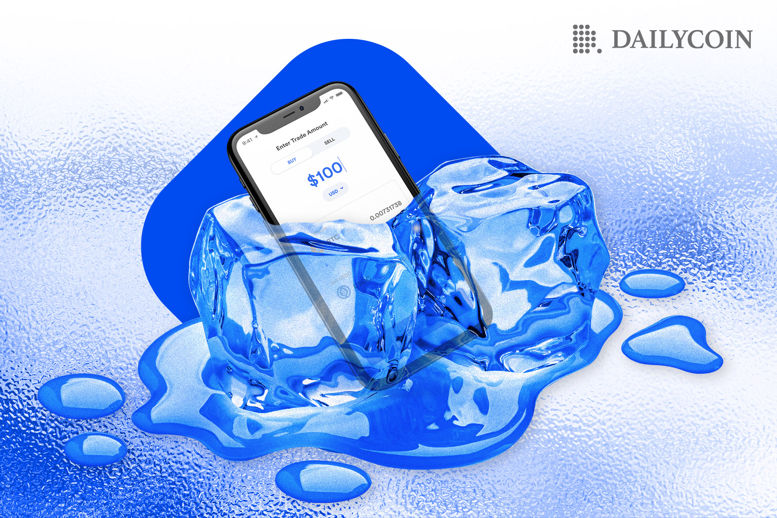 Phone frozen inside an ice cube in front of BlockFi logo
