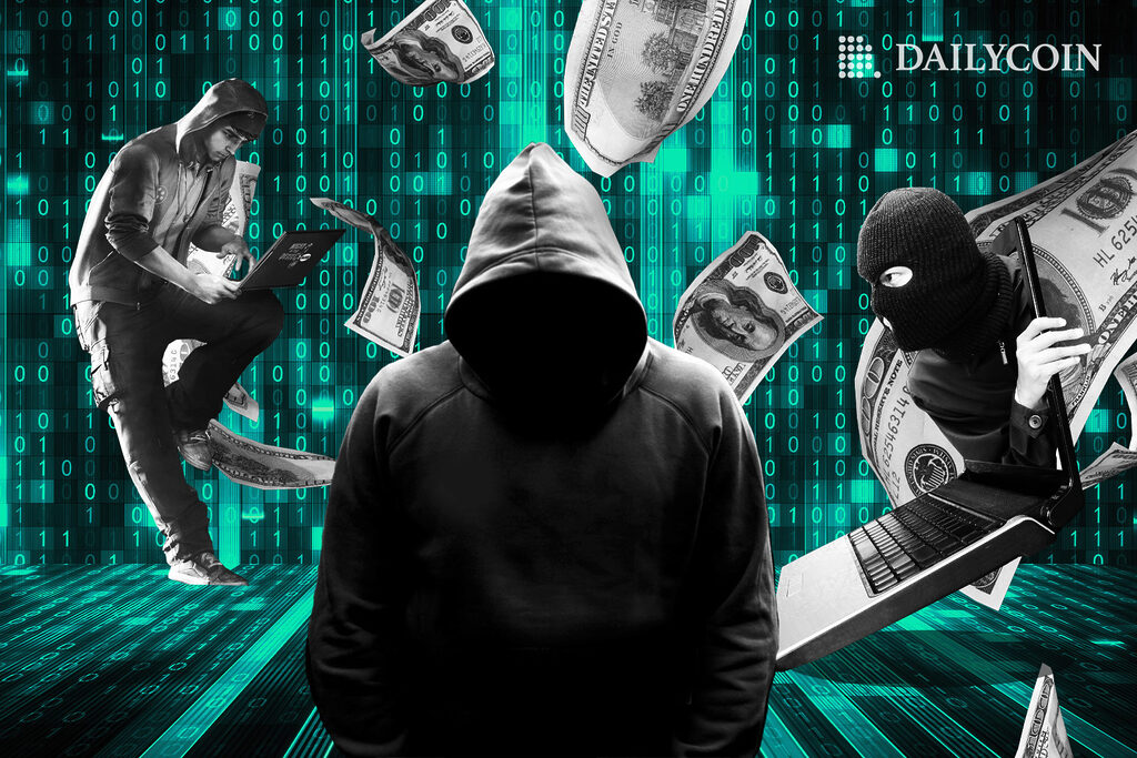 Human with a hoodie and hackers standing in front of a blockchain network while money and computers is flying around