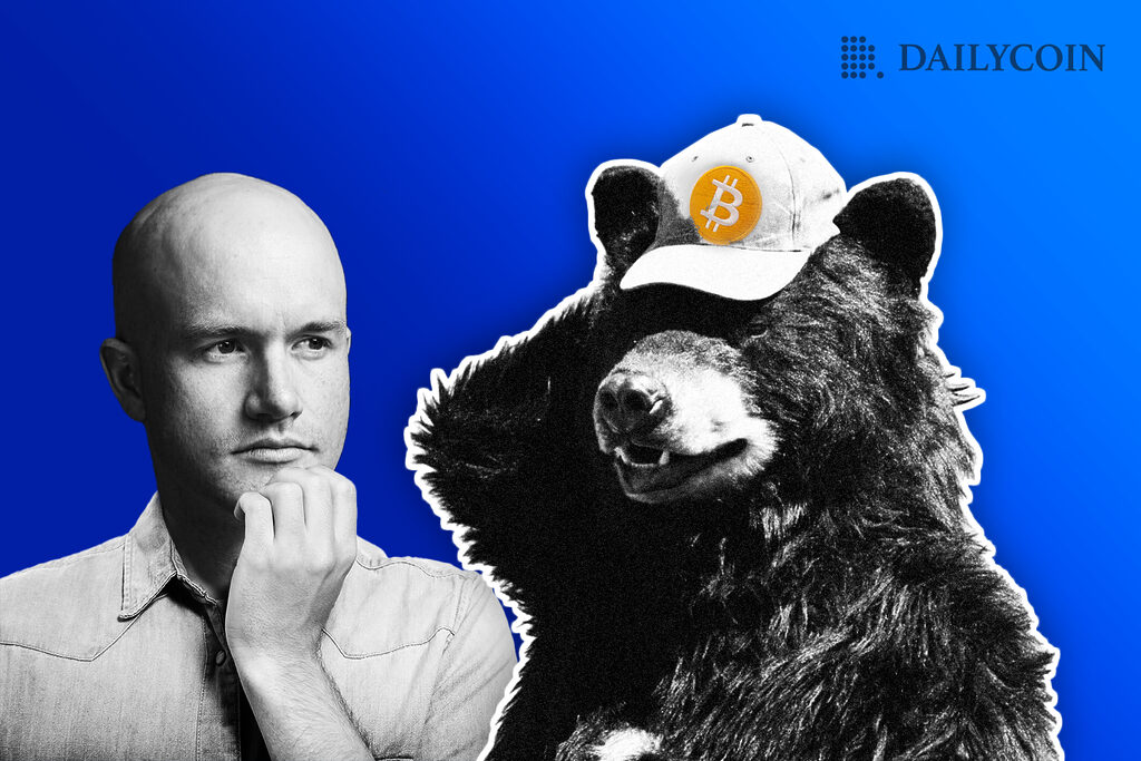 Brian Armstrong looking at bear with Bitcoin cap on