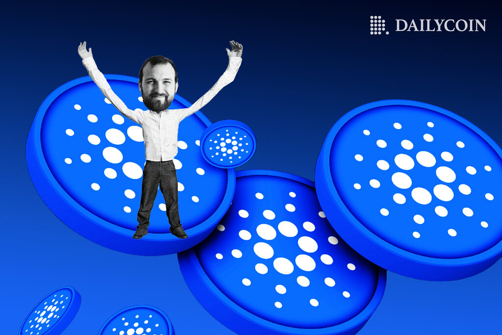 Charles Hoskinson wit long arms reaching up on a background with Cardano stablecoins on