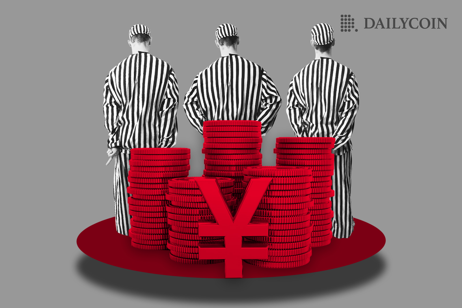 Three prisoners are standing behind a red pile of digital yen.