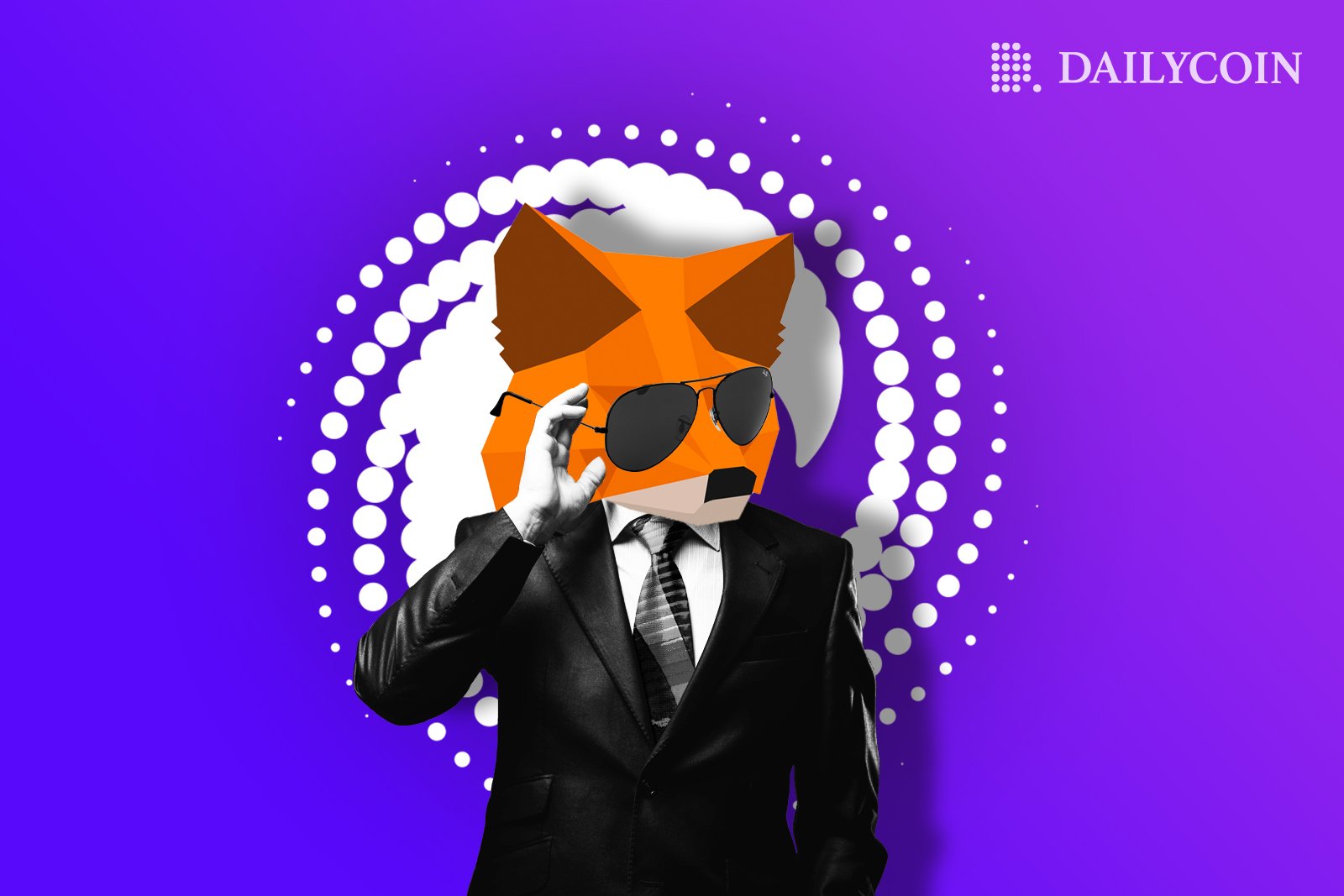 Human wearing Metamask logo fox with sunglasses as a mask