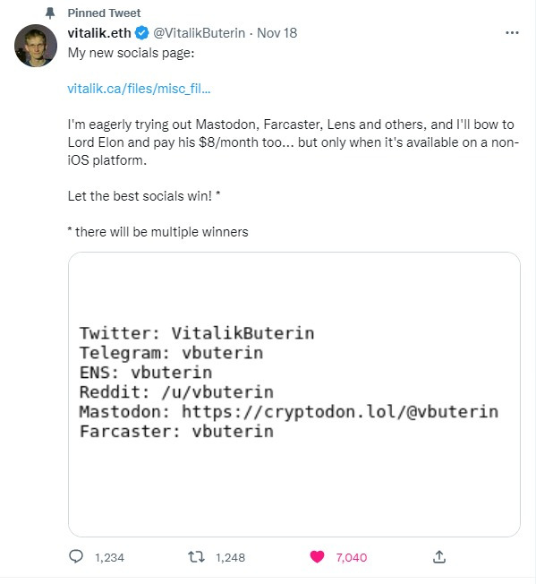 Screenshot of a tweet from Vitalik Buterin about social media platform Mastodon