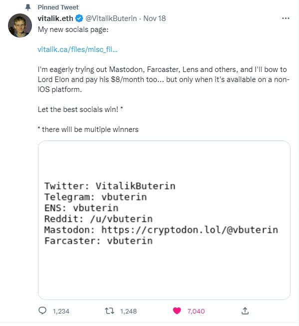 Screenshot of a tweet from Vitalik Buterin about social media platform Mastodon